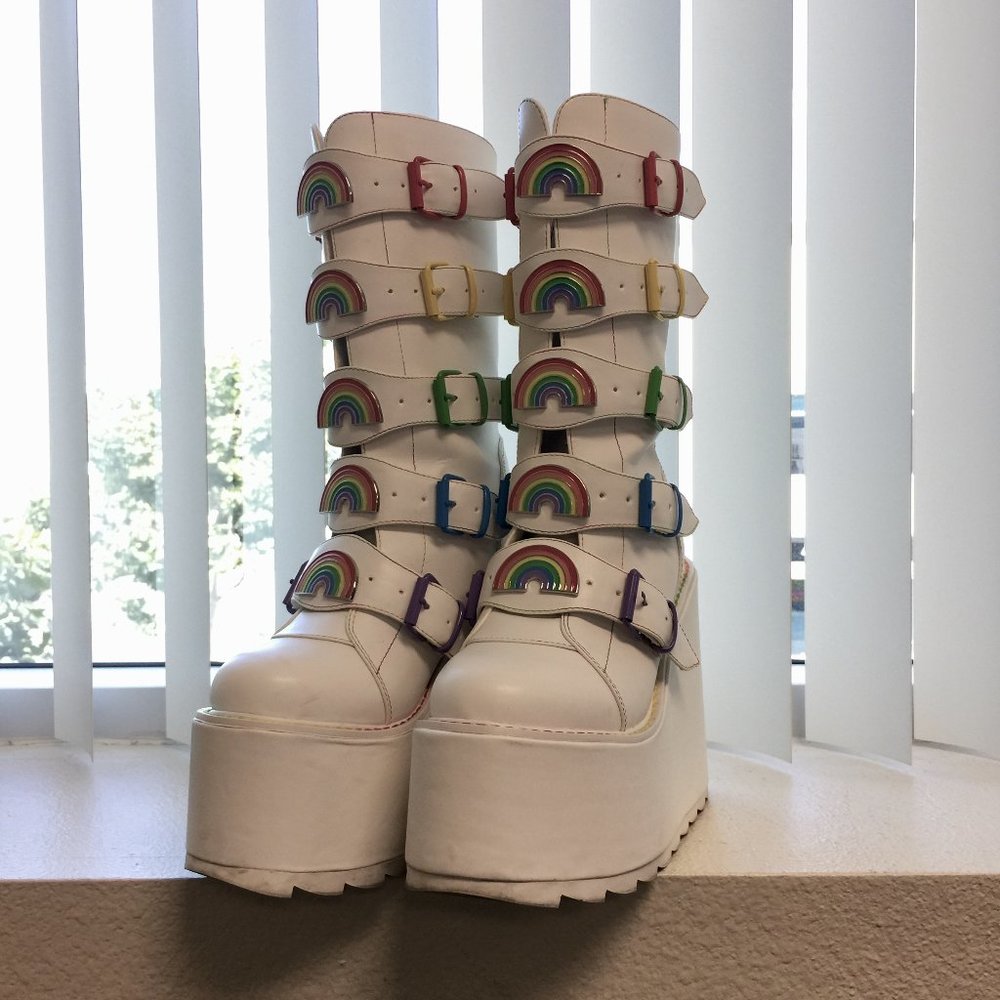 YRU White Platform Boots with Rainbow Buckles